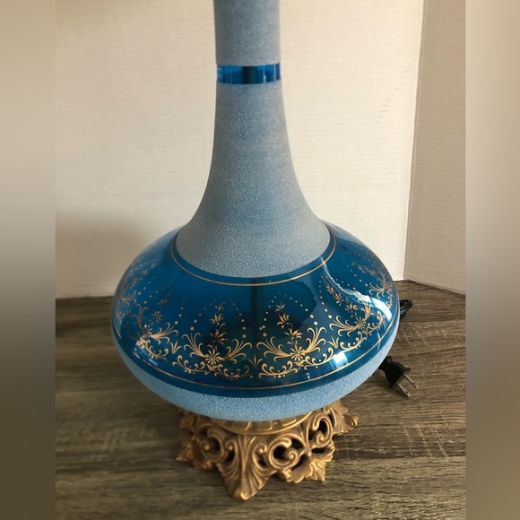 Vtg France Made Blue Sugared Glass Table Lamp - Picture 5 of 13